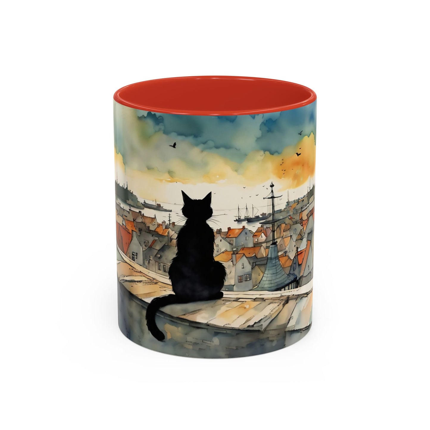 Black cat on a roof top Art-Themed Coffee Mug - 11 & 15oz Accent Mug for Musroom Fsiry Lovers