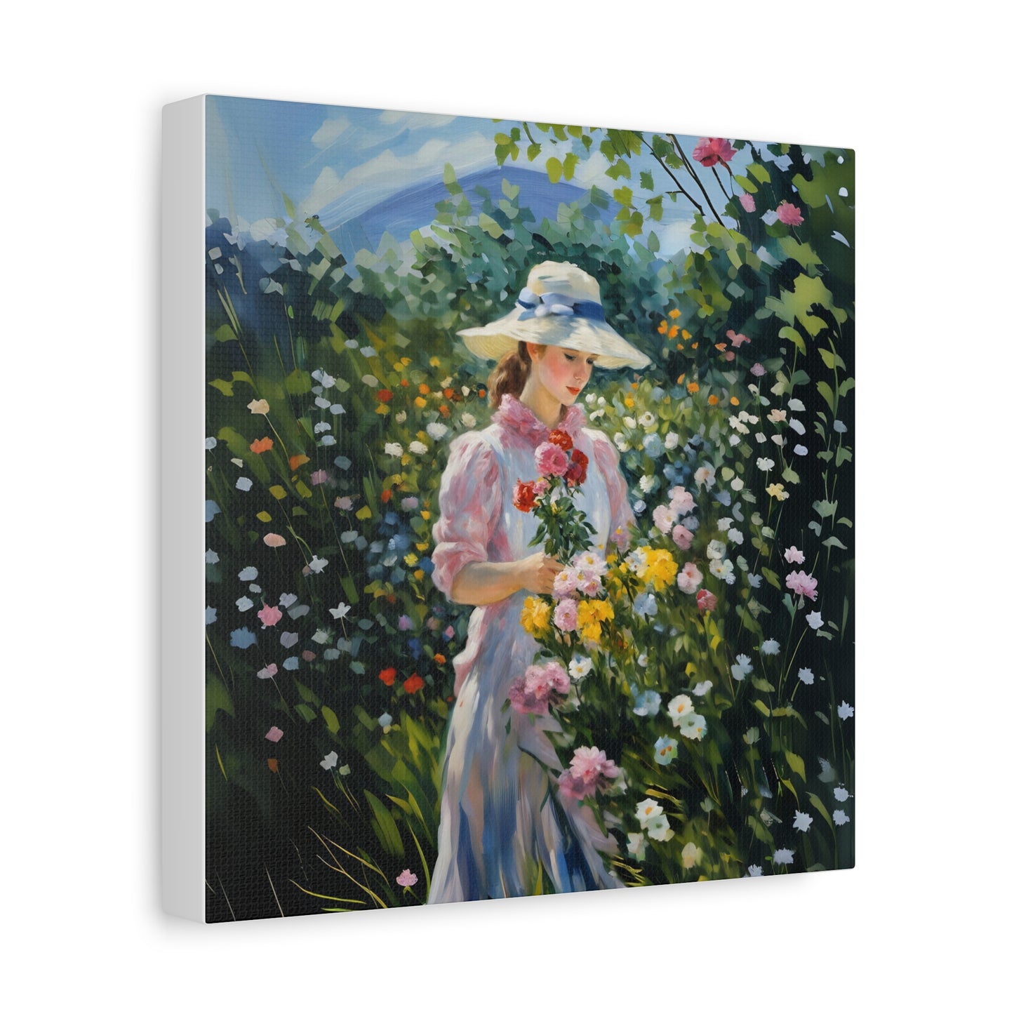 Canvas Art - Monet Style Floral Serenity with Elegant Woman and Flower Basket, Stretched Matte 1 25"