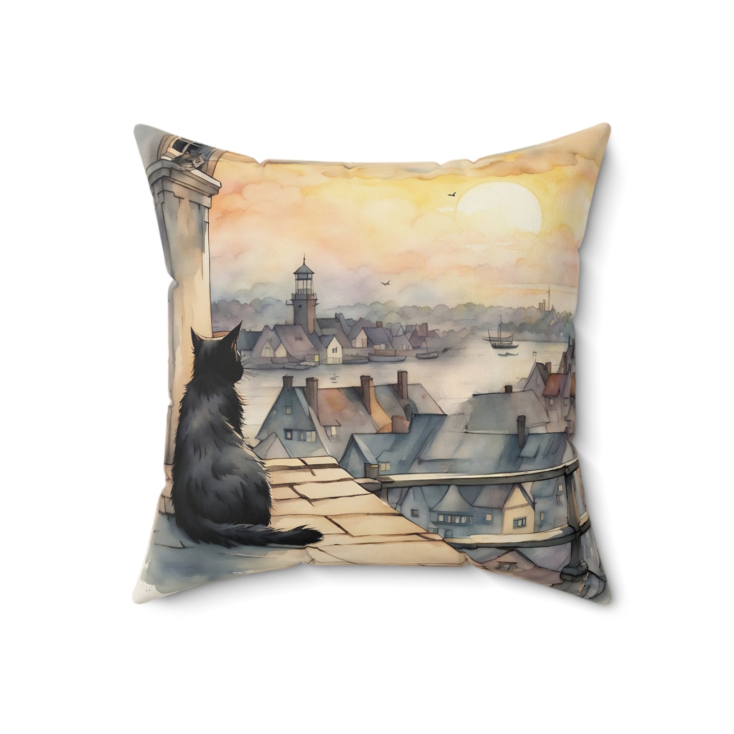 Black cat on a rooftop Square Pillow - by Fairyhill Studio