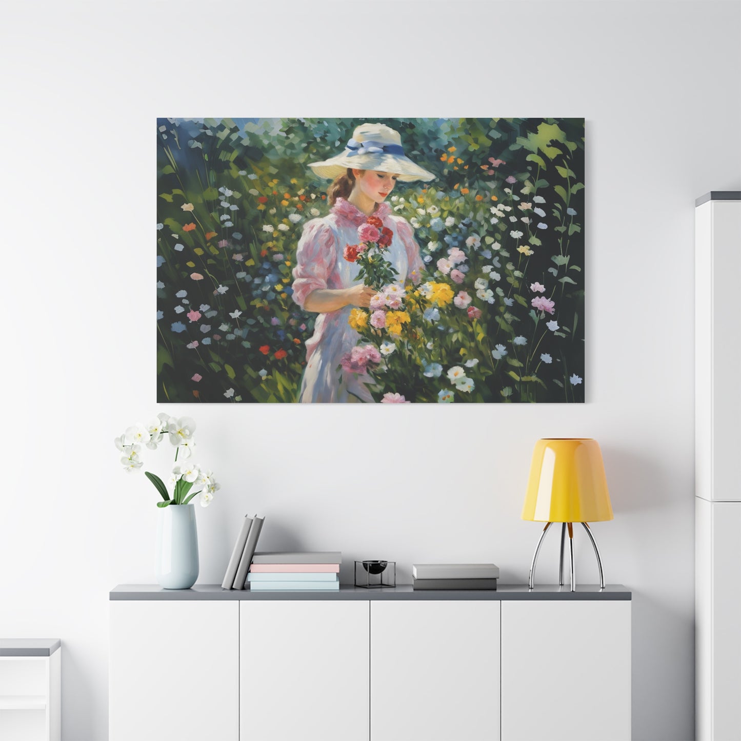 Canvas Art - Monet Style Floral Serenity with Elegant Woman and Flower Basket, Stretched Matte 1 25"