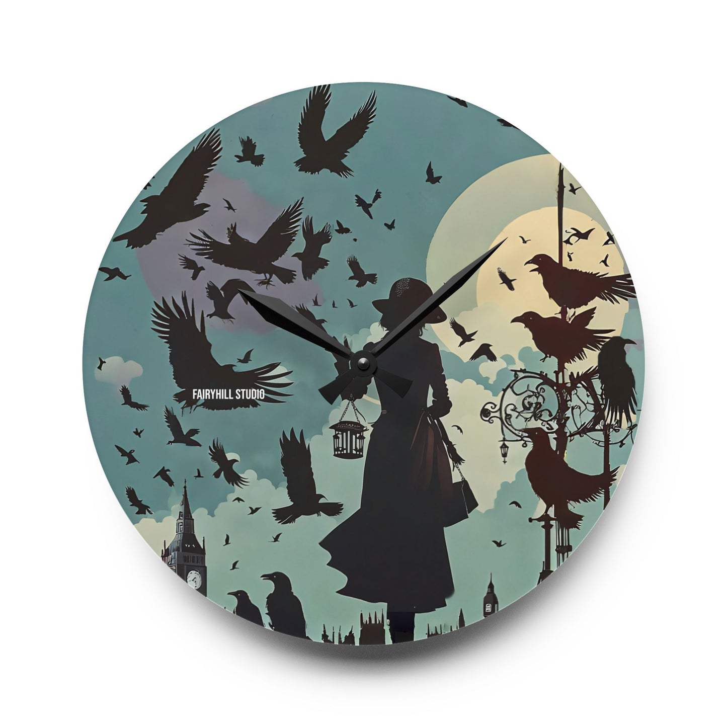 Wall Clock - Lady with Crows in London Alfred Hitchcock Movie The Birds Inspired Design