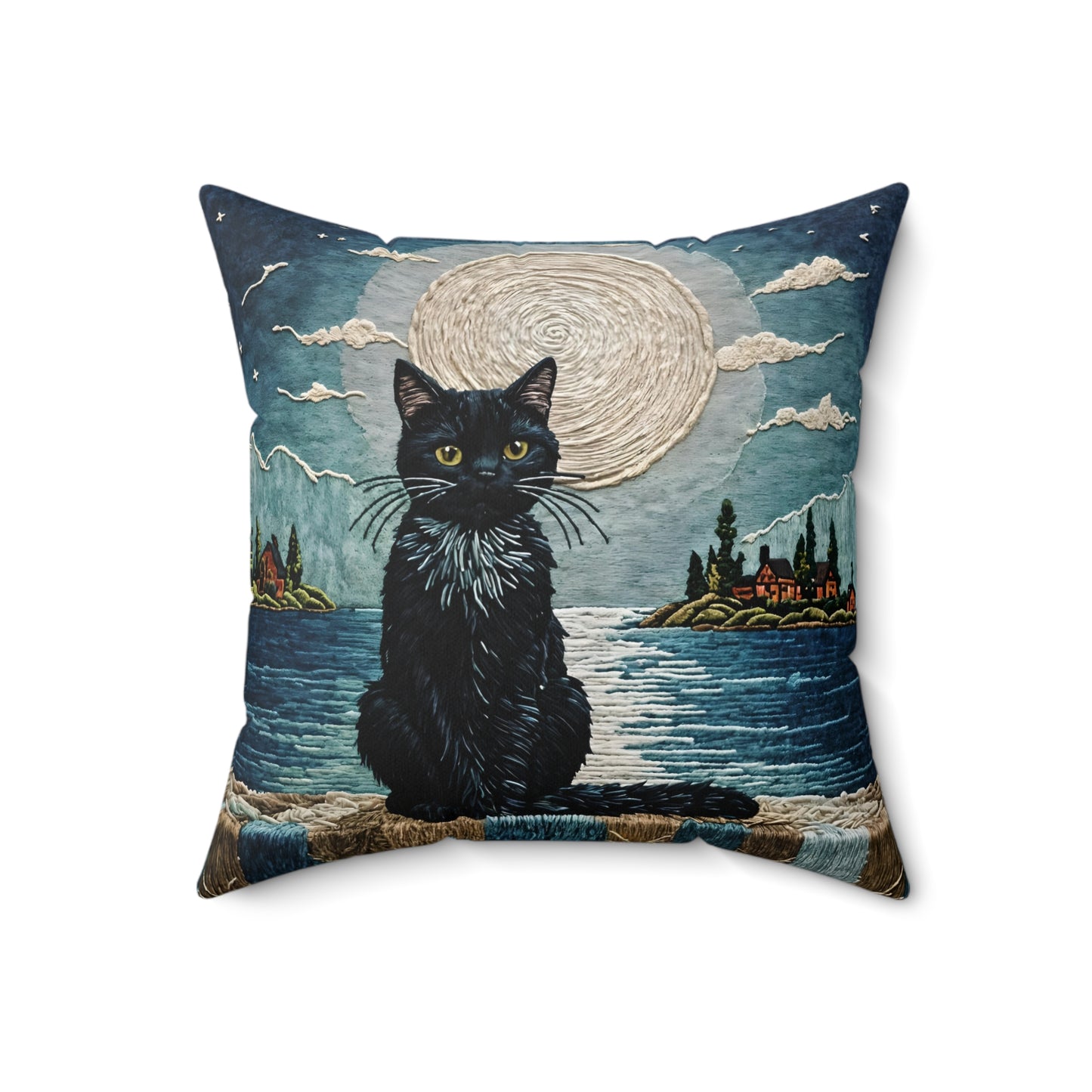 Square Pillow - Cute Black Cat Sitting on Wall Sea View Moonlight Design