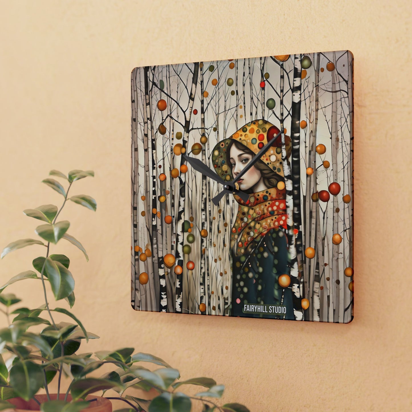 Acrylic Wall Clock - Autumn Girl in Birch Forest Art by Fairyhill Studio