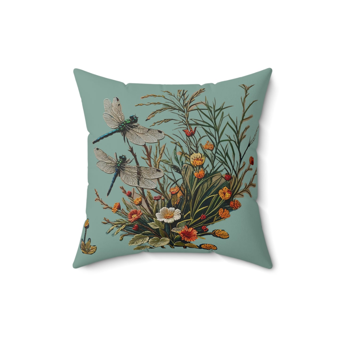 Square Pillow - Dragonflies on a Blue Pond with flowers Art by Fairyhill Studio