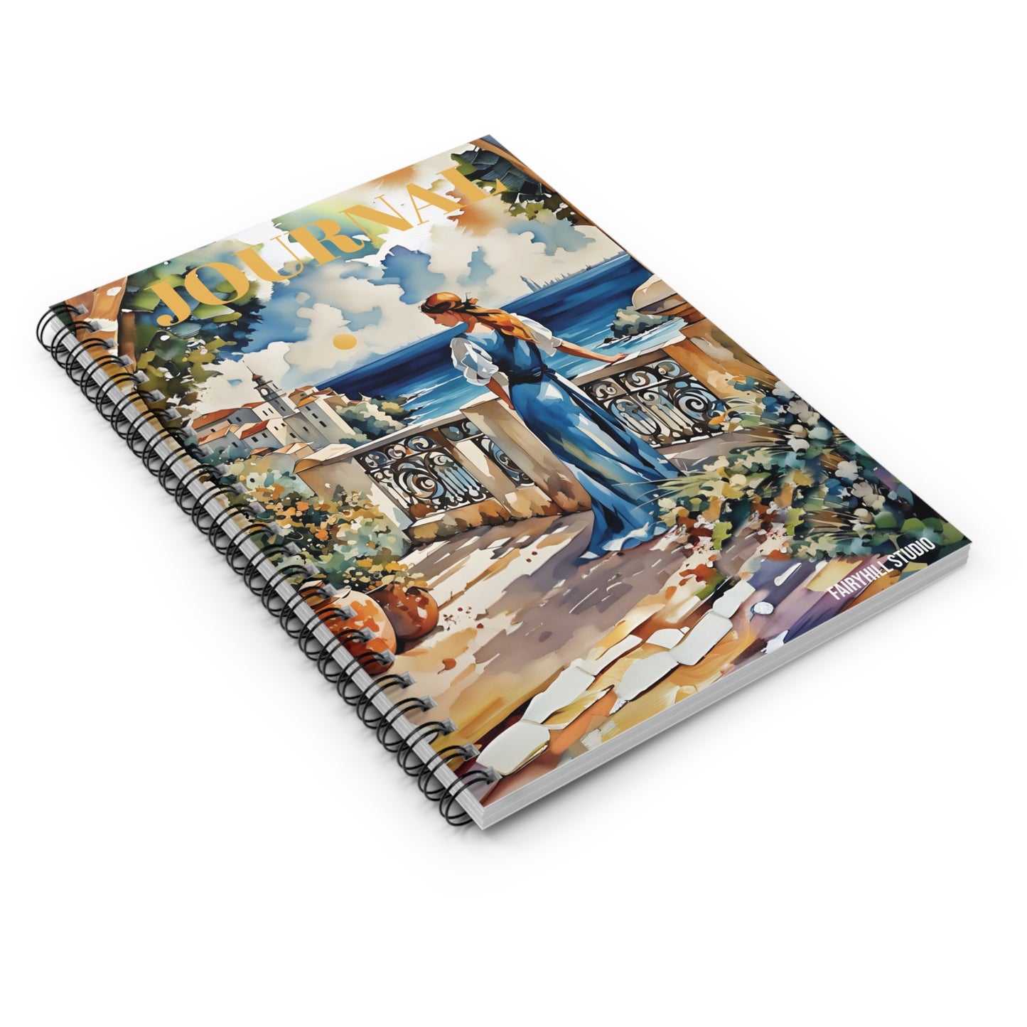 Blue Dress Spiral Notebook - Ruled Line Mediterranean Balcony Watercolor Art