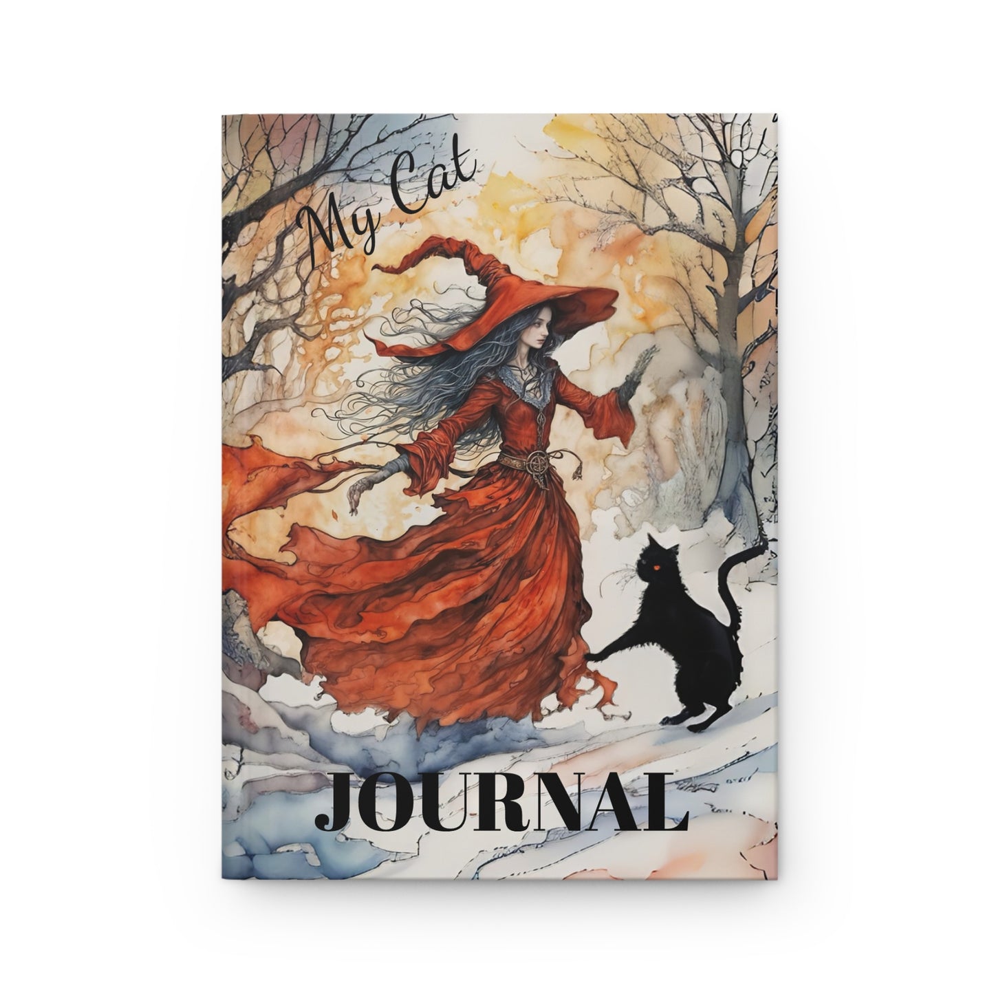 Crimson Witch Girl with black cat   Mindfulness  Art Journal  Hardcover