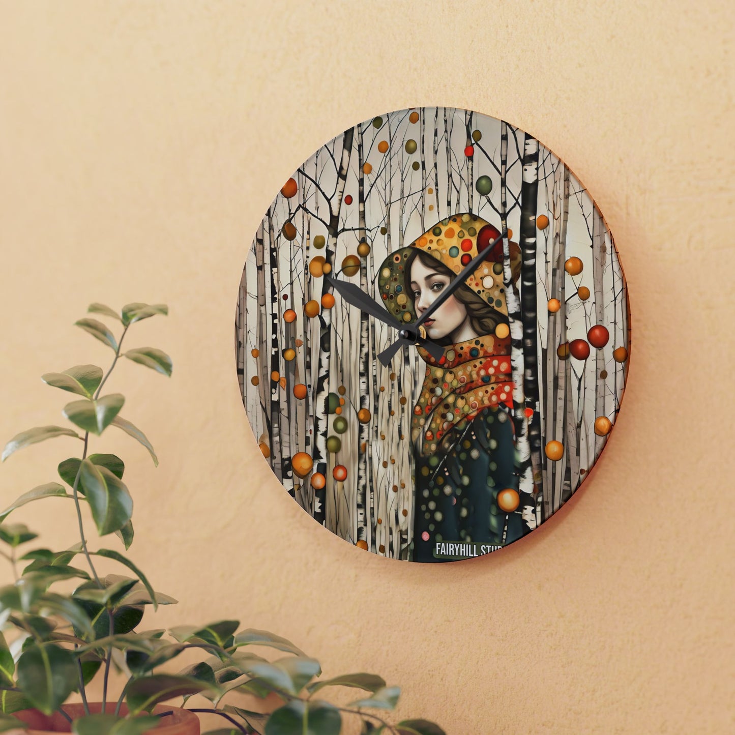 Acrylic Wall Clock - Autumn Girl in Birch Forest Art by Fairyhill Studio