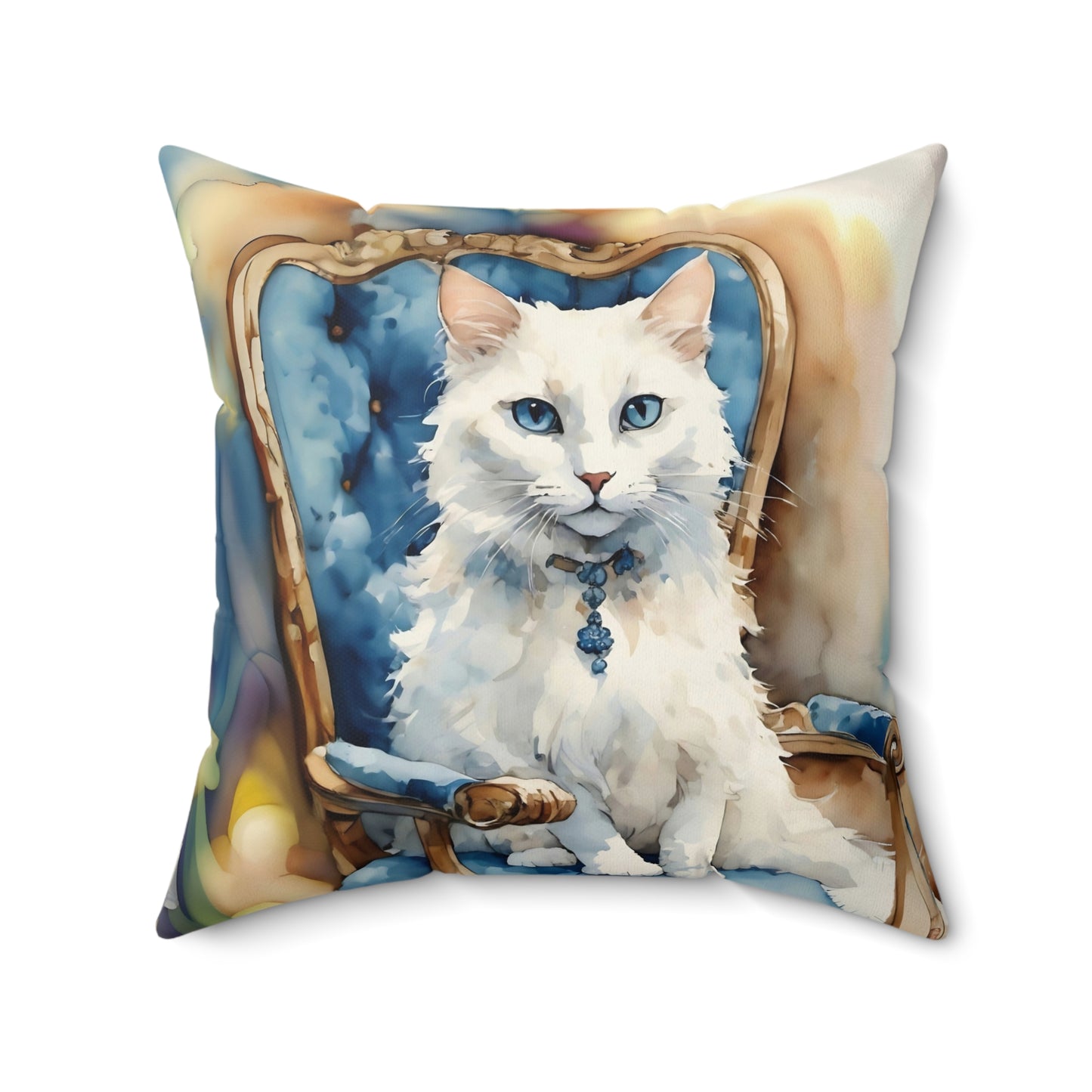 Square Pillow Adorable White Cat with Blue Eyes Art by Fairyhill Studio