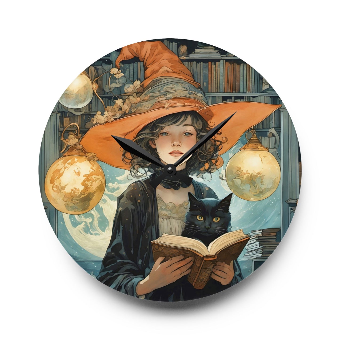 Acrylic Wall Clock - Witch and Black Cat Reading Book Art by Fairyhill Studio