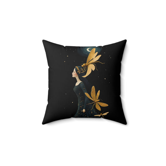 Square Pillow - Midnight Girl with Golden Dragonflies at Night Art by Fairyhill Studio