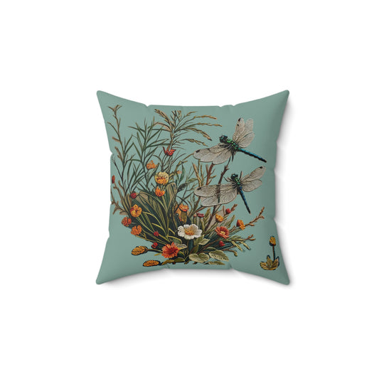 Square Pillow - Dragonflies on a Blue Pond with flowers Art by Fairyhill Studio