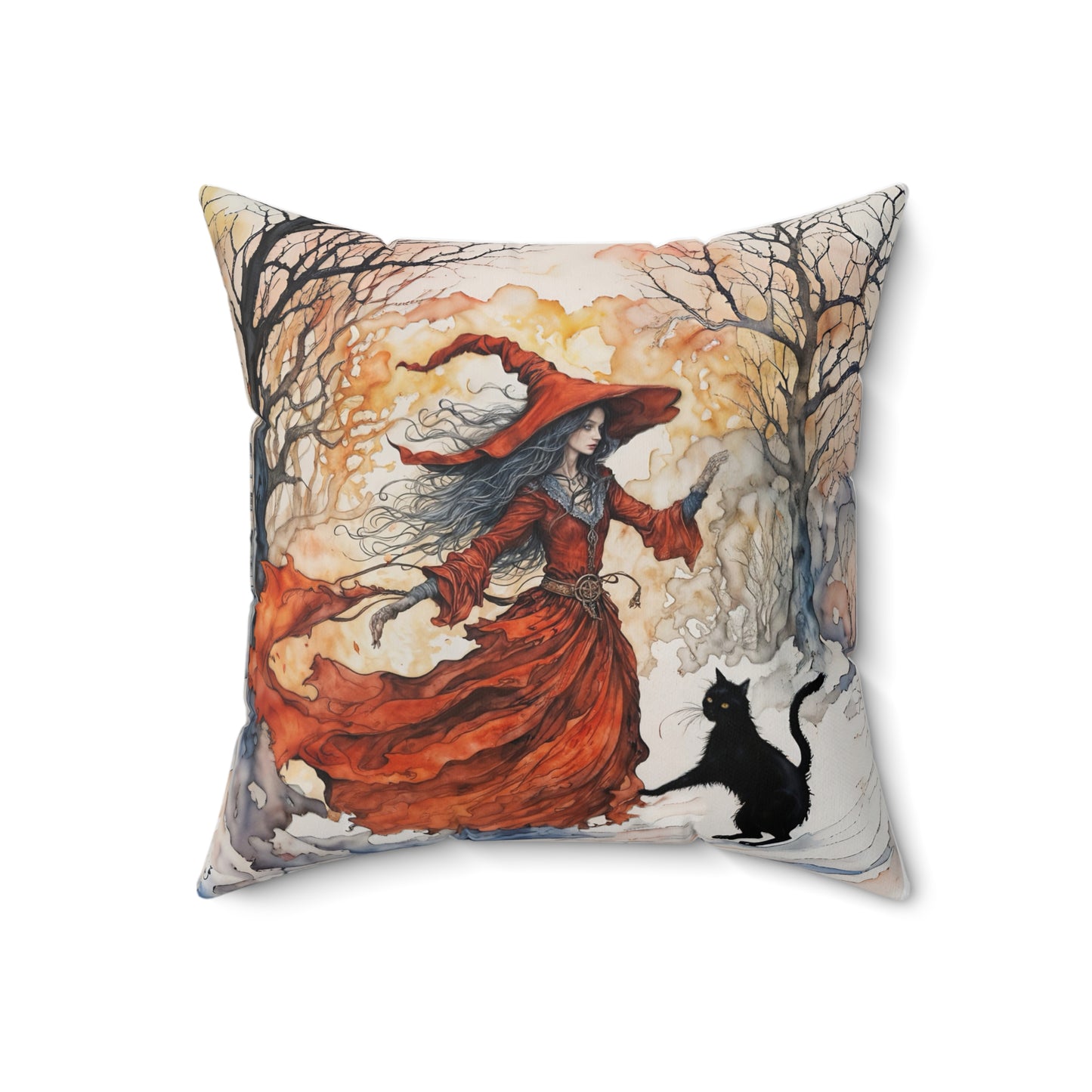 Crimson witch with black cat pillow  Square Pillow - by Fairyhill Studio