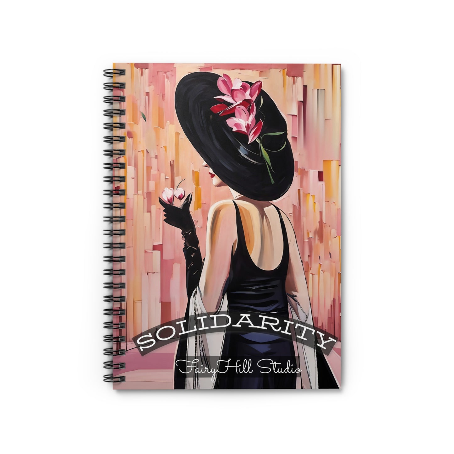Spiral Notebook - Lady in Black Dress and Hat with Martini Glass Art, Black/Pink Tones