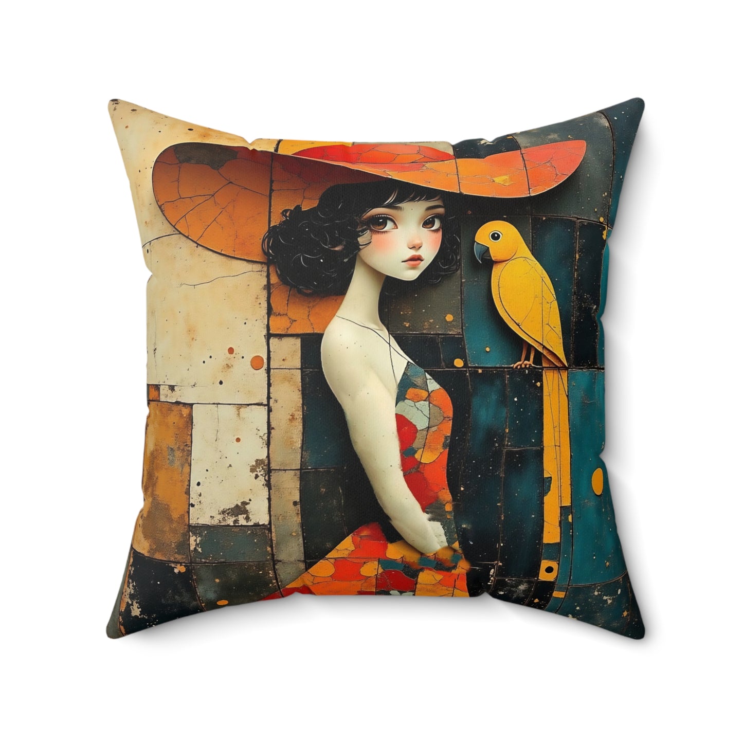 Girl with a yellow parrot Square Pillow - by Fairyhill Studio