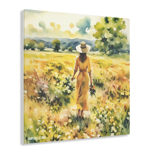 FairyHill Studio Woman in yellow dress in a Daffodil field Art Acrylic Print -