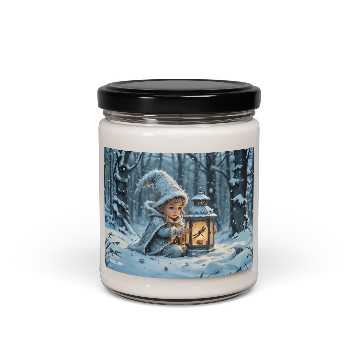 Soy Candle magical holiday art featuring a Lovely Elf with Dragonfly lantern in winter snow