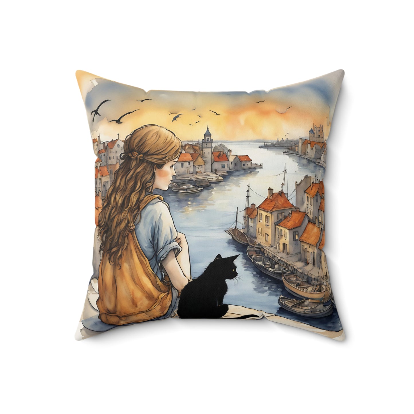 Girl with black cat Black cat on a balcony Square Pillow - by Fairyhill Studio
