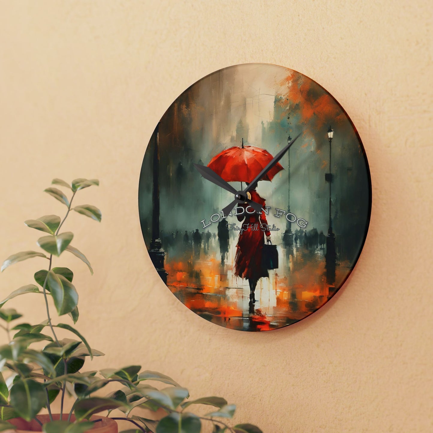 Wall Clock - Elegant Woman in Red Raincoat and Umbrella London Fog Art by Fairyhill Studio