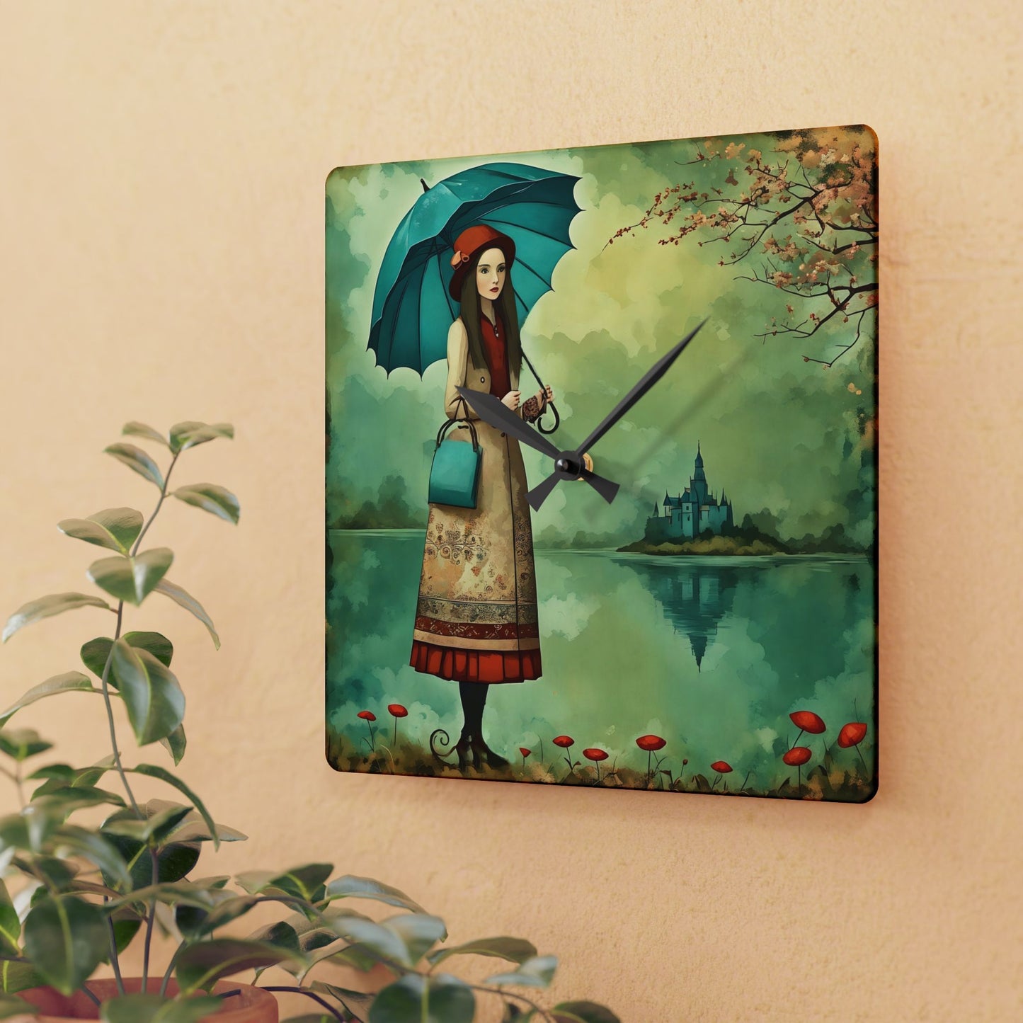 Wall Clock Personalized Journal - Gift Notebook Girl with Umbrella Art by Fairyhill Studio