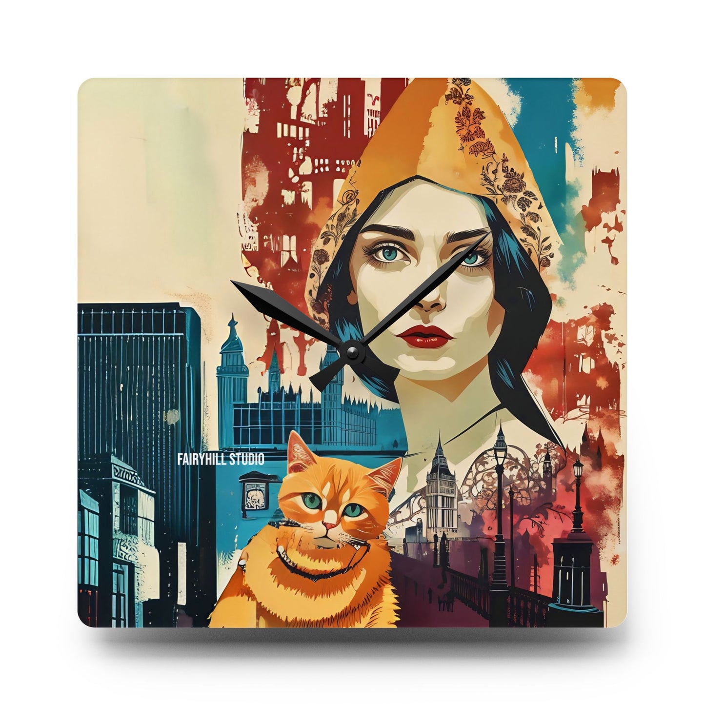 Acrylic Wall Clock - Yellow cat in London /Art