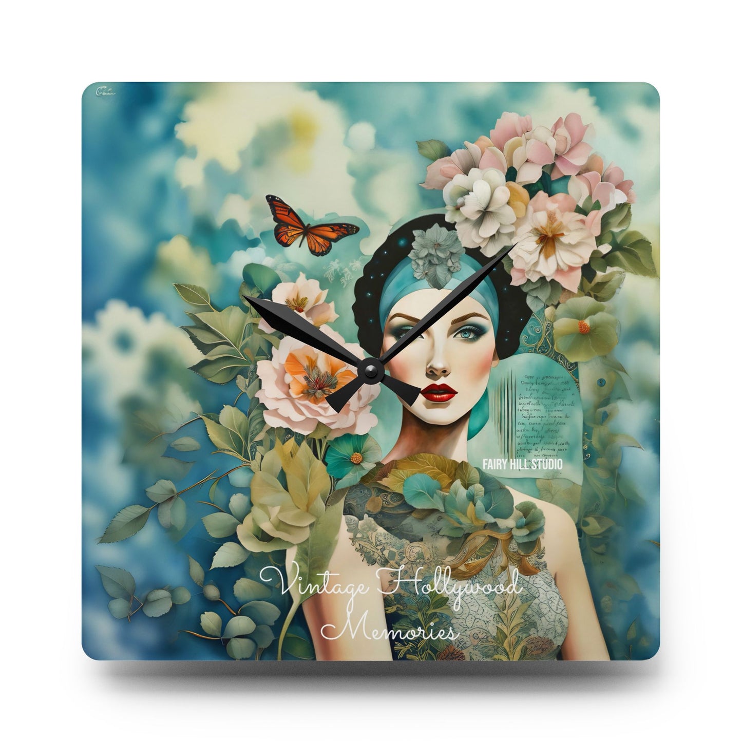 Acrylic Wall Clock - Vintage Hollywood Beauty Collage Art Style with Flowers
