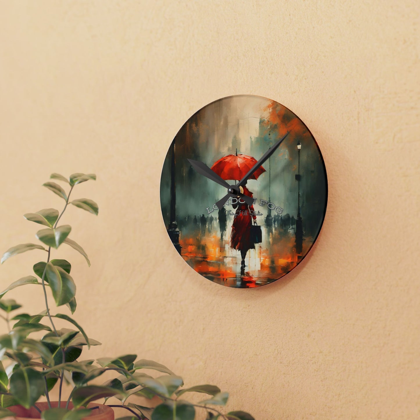 Wall Clock - Elegant Woman in Red Raincoat and Umbrella London Fog Art by Fairyhill Studio