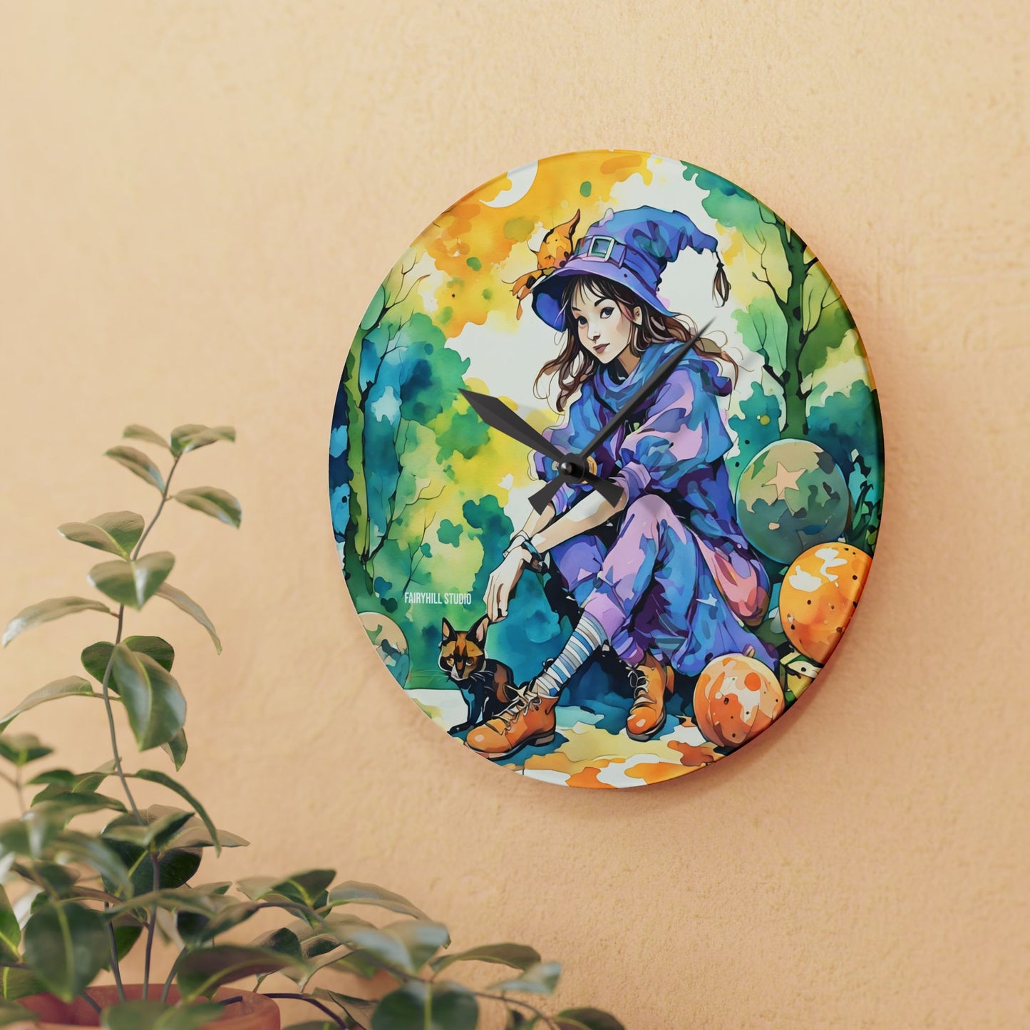Acrylic Wall Clock -Girl with cat Art