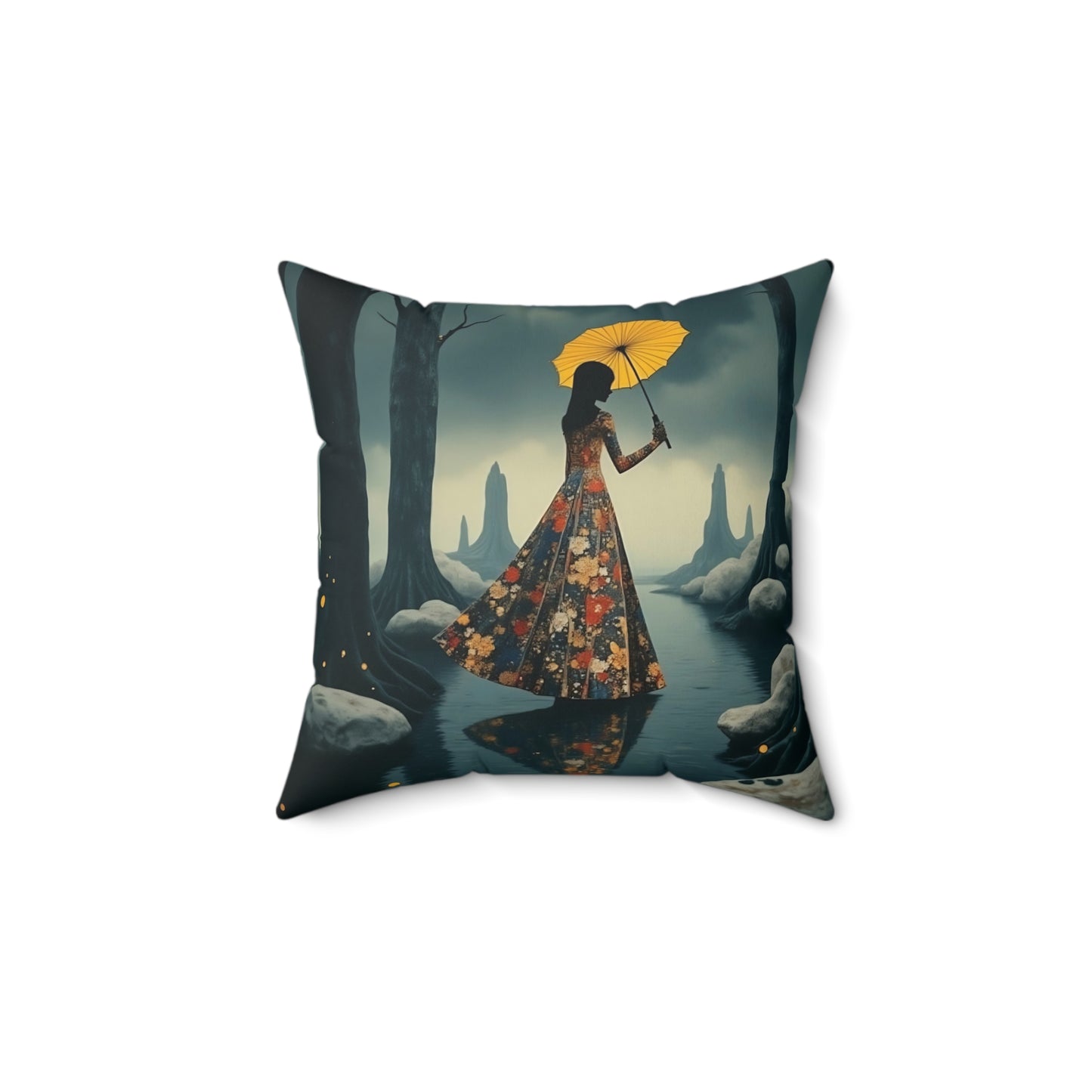 Yellow umbrella  Square Pillow - by Fairyhill Studio