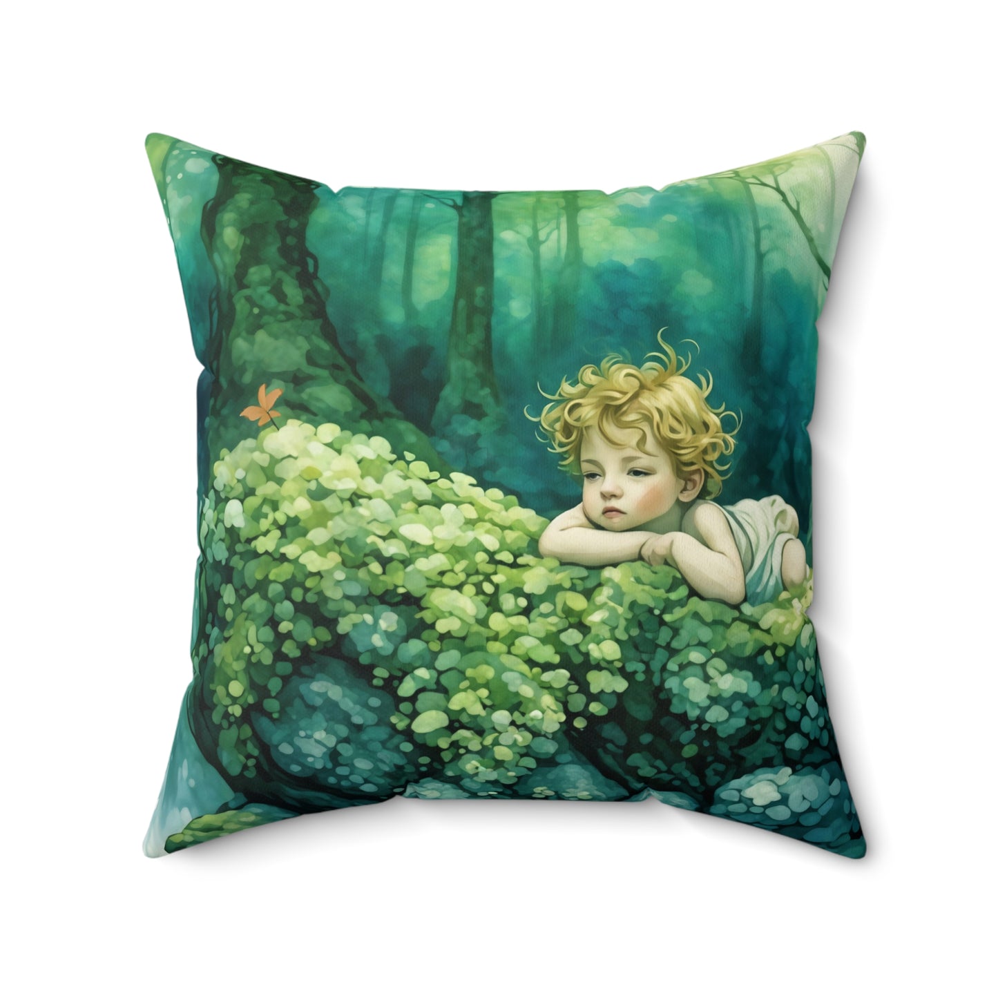 Cherub in the woods Square Pillow - by Fairyhill Studio