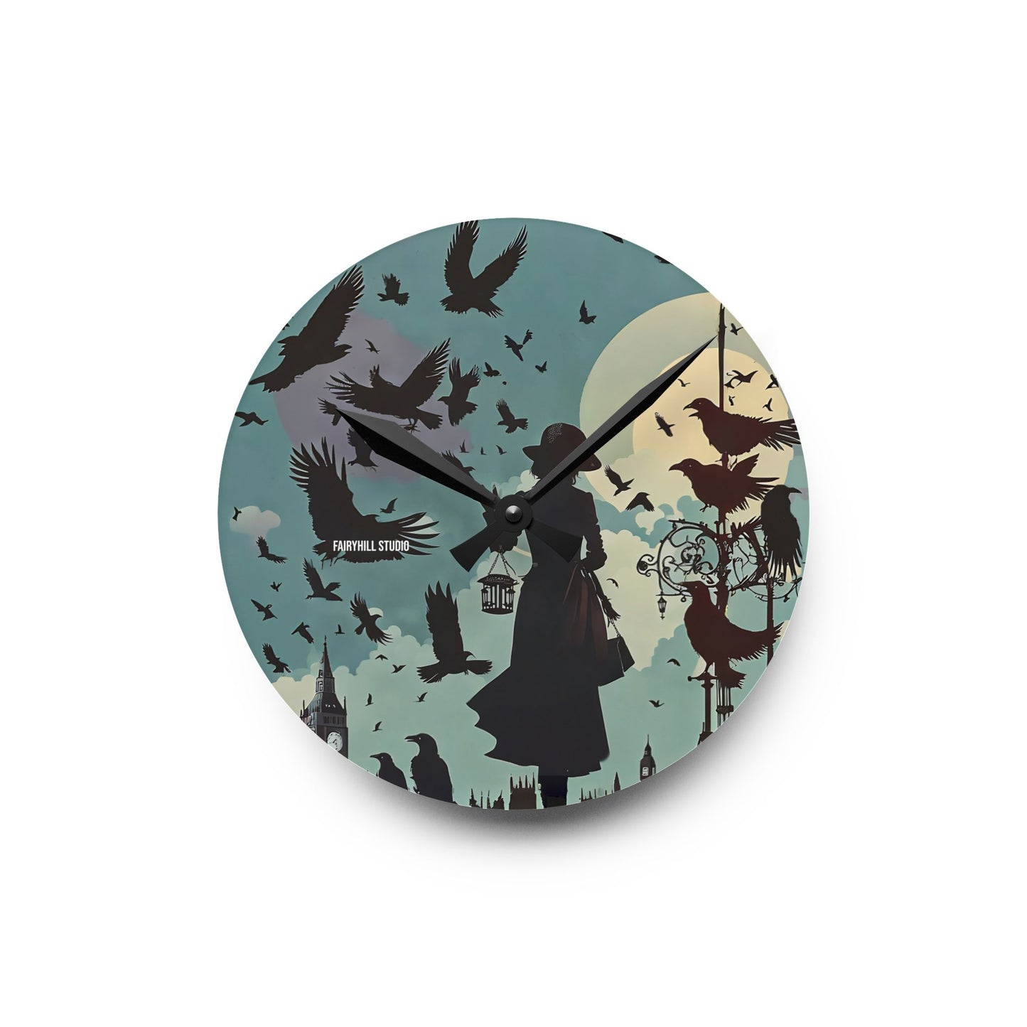 Wall Clock - Lady with Crows in London Alfred Hitchcock Movie The Birds Inspired Design