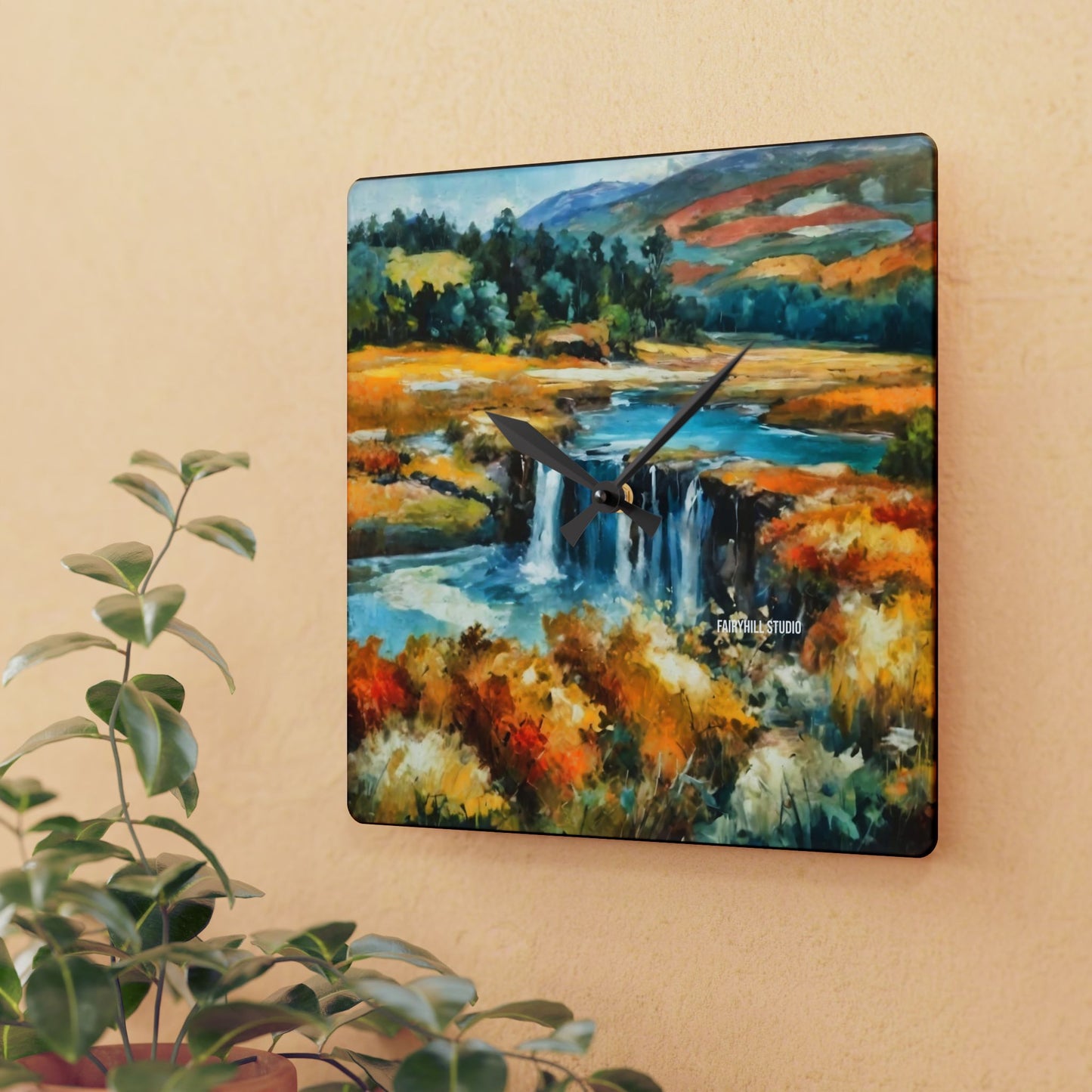 Wall Clock - Village by the Pond Watercolor Art Design