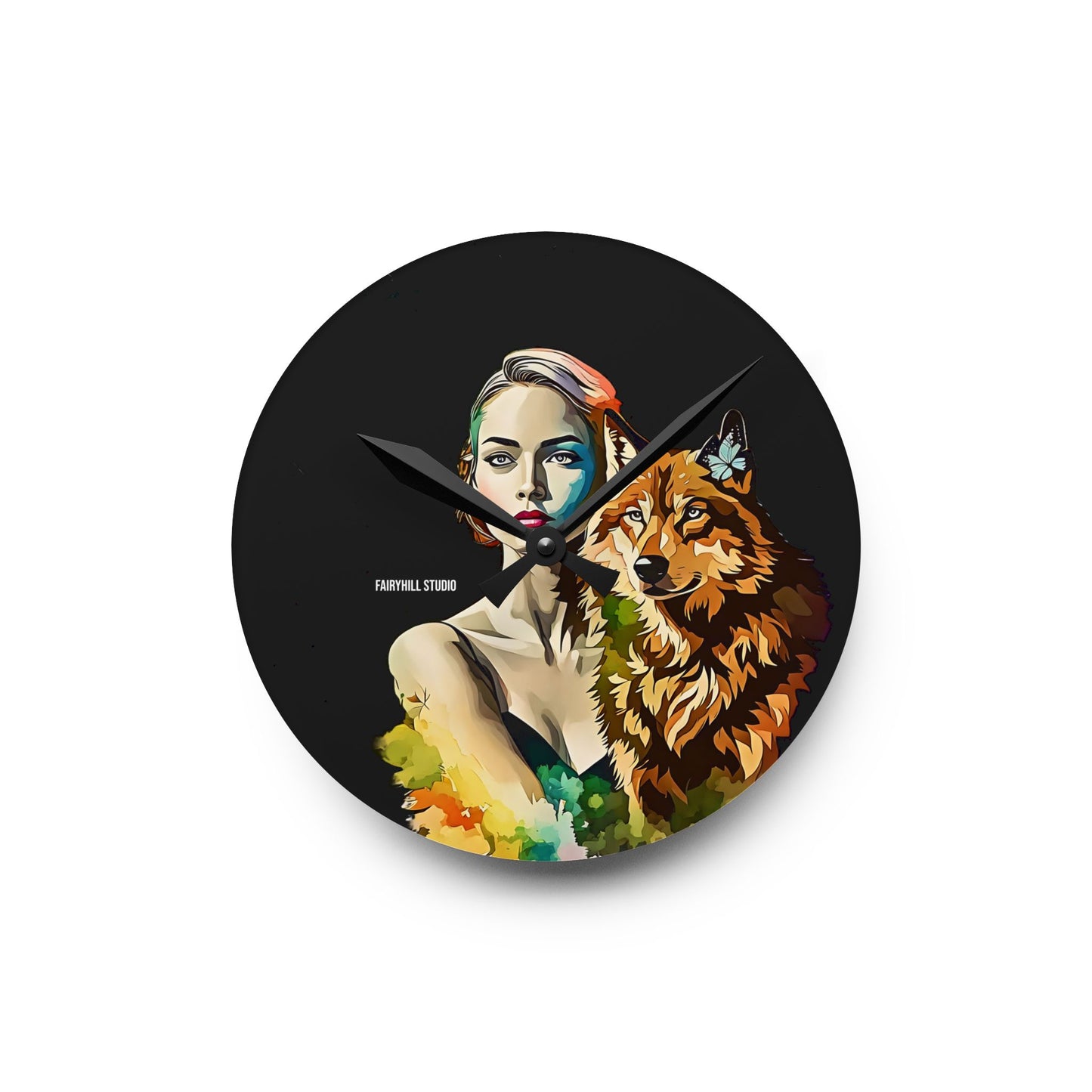 Acrylic Wall Clock -Girl withSpirit Animal Wolf/Art