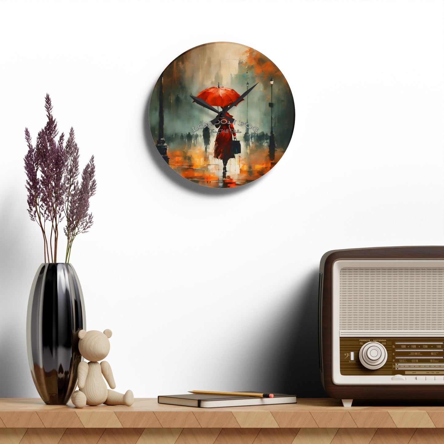 Wall Clock - Elegant Woman in Red Raincoat and Umbrella London Fog Art by Fairyhill Studio