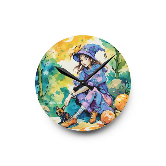 Wall Clock - Cute Witch and Cat Watercolor Art Design