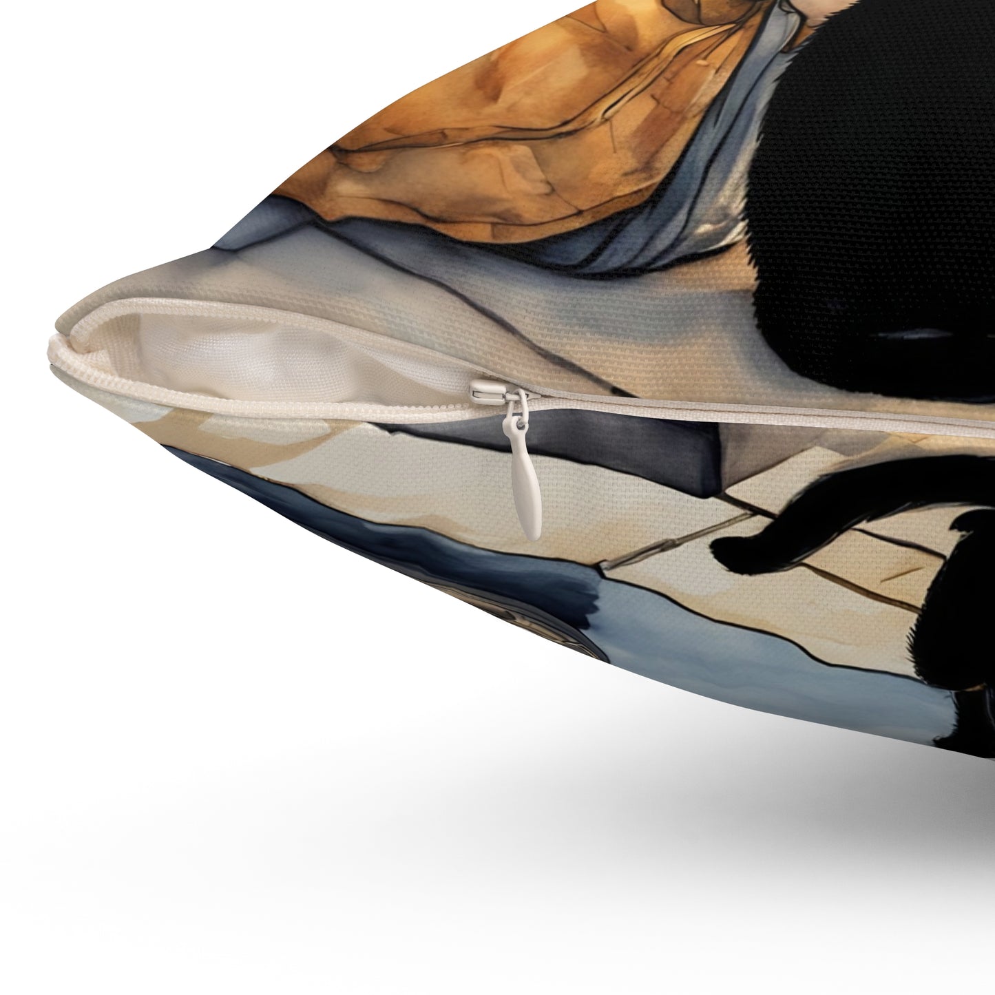 Girl with black cat  Black cat on a balcony  Square Pillow - by Fairyhill Studio