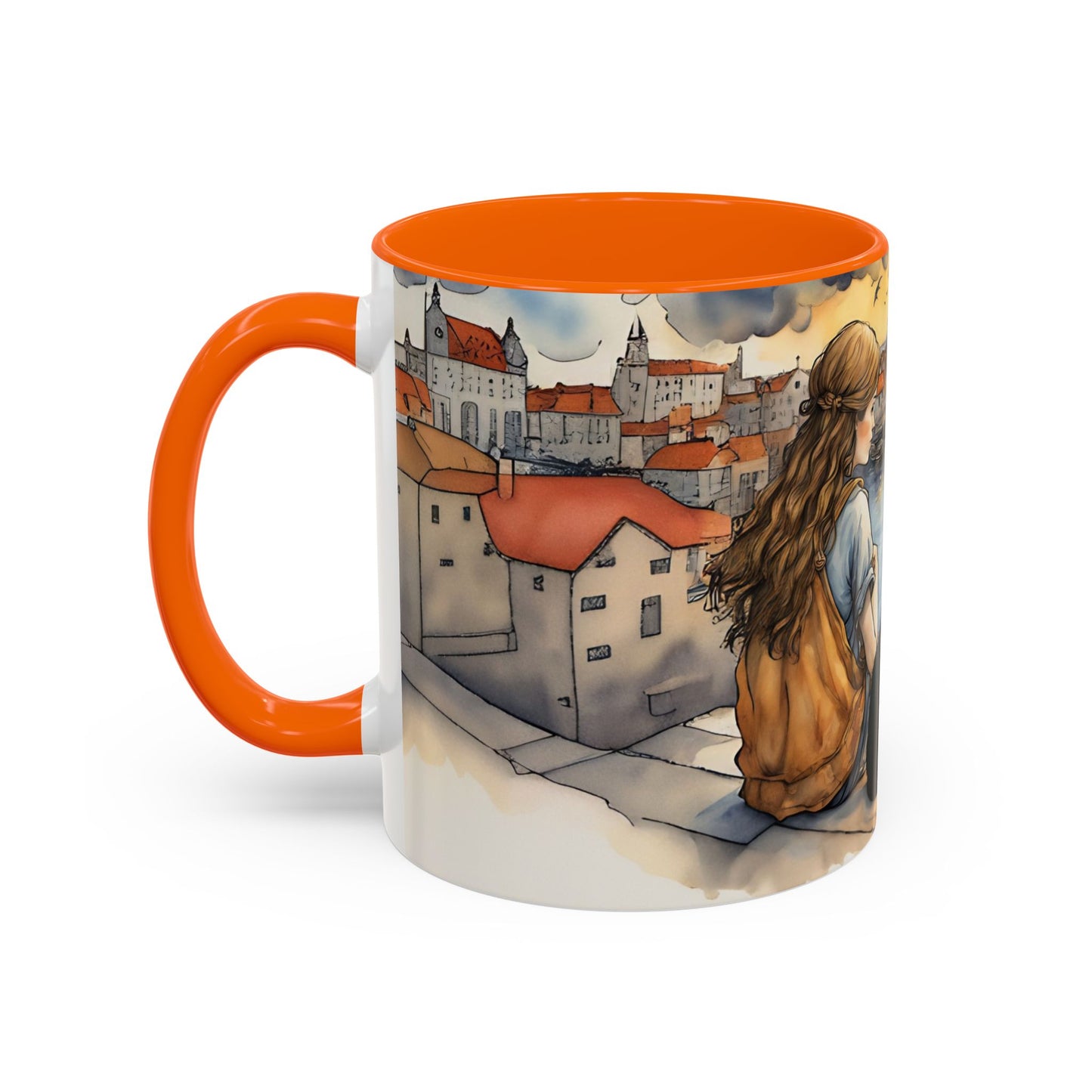 Girl with Black cat on a roof top Art-Themed Coffee Mug - 11 & 15oz Accent Mug for Musroom Fsiry Lovers