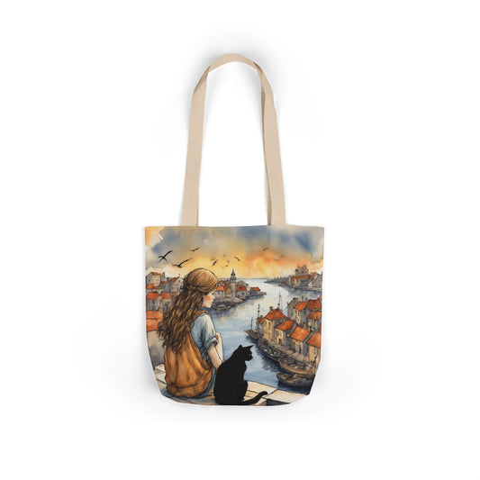 Girl with a Black cat on a roof top  FairyHill Studio Red phone- Canvas Tote Bag - Perfect for Beach Days, Eco-Friendly Shopping, and Summer Fun!