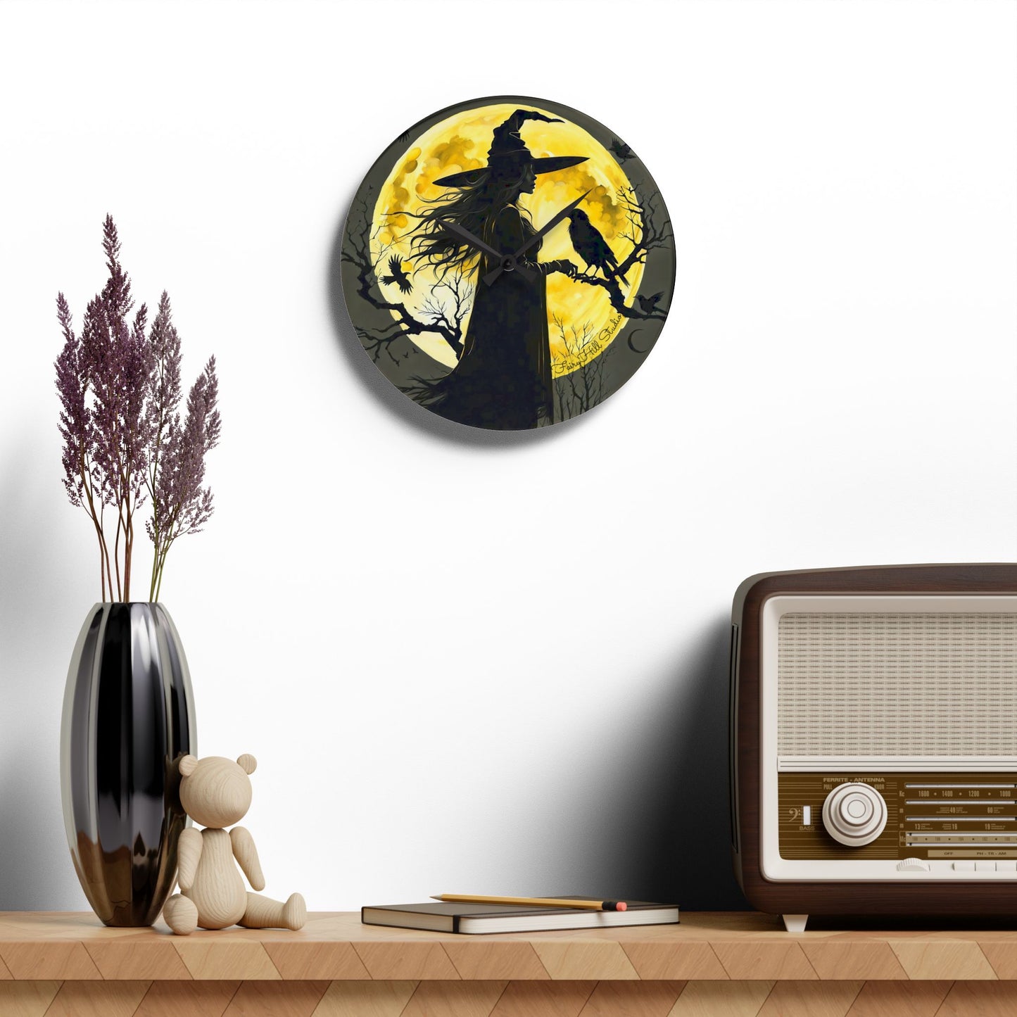 Wall Clock Moon Witch and Crow Halloween Decor