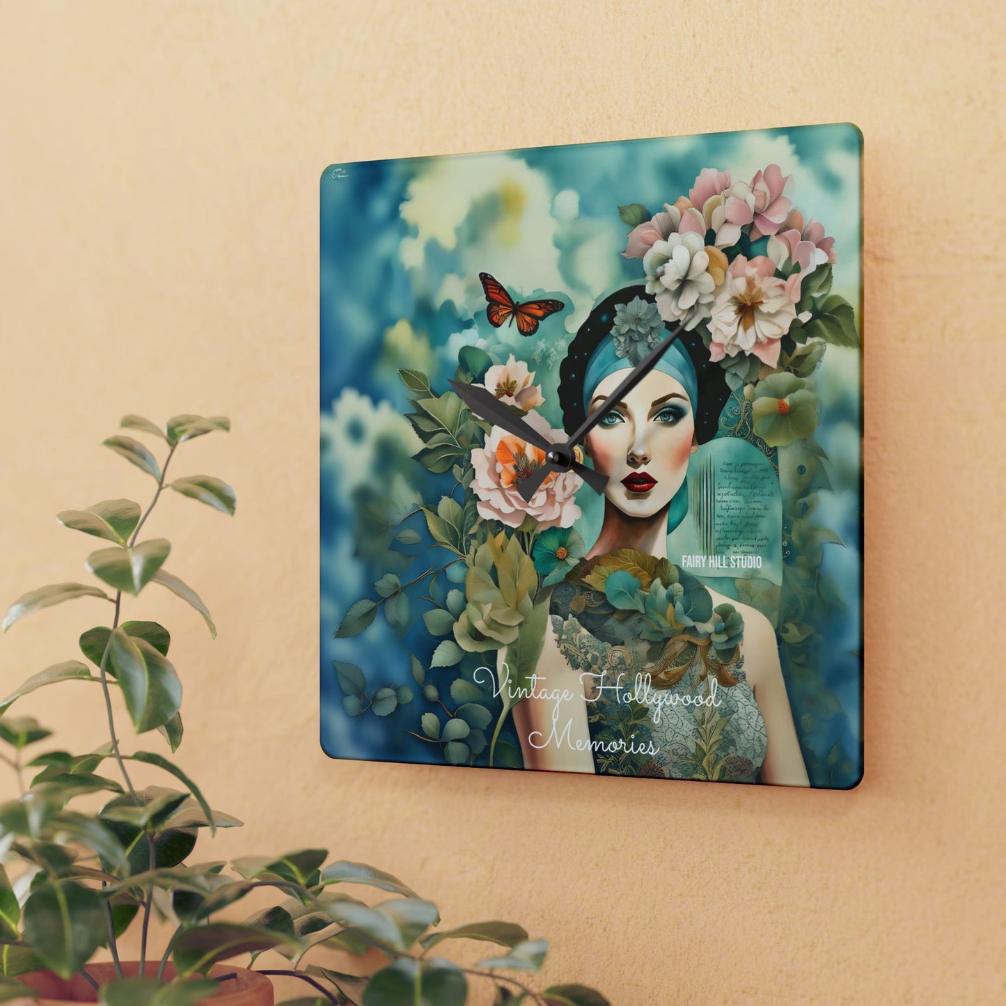 Acrylic Wall Clock - Vintage Hollywood Beauty Collage Art Style with Flowers