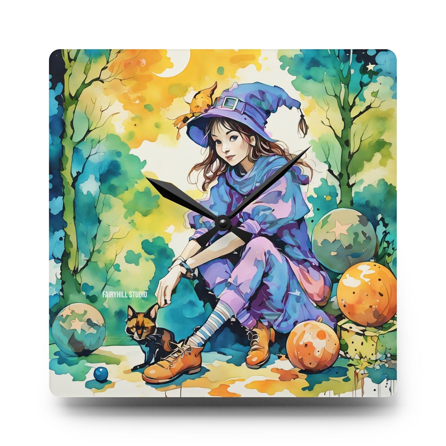 Acrylic Wall Clock -Girl with cat Art