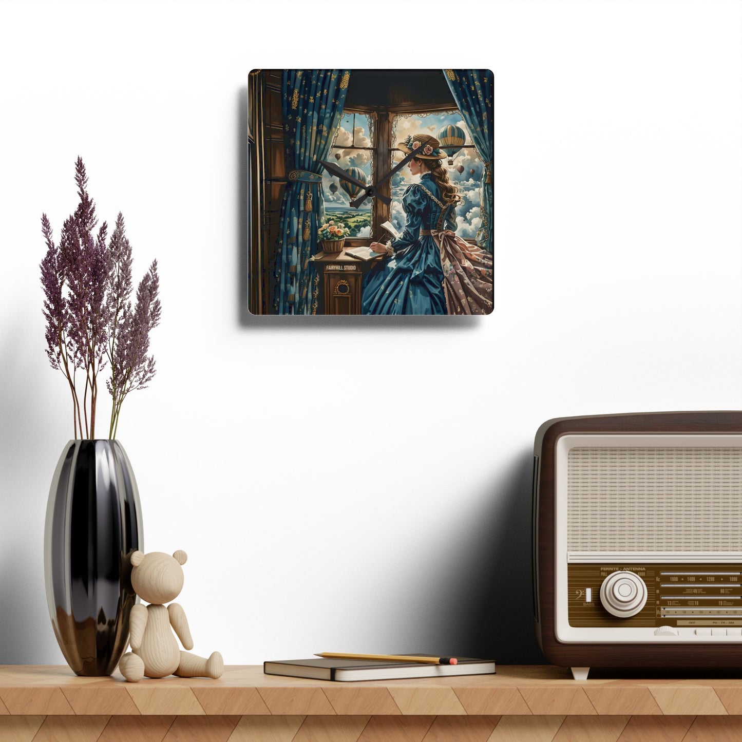 Acrylic Wall Clock -Victorian girl watching the Hot Air Balloons