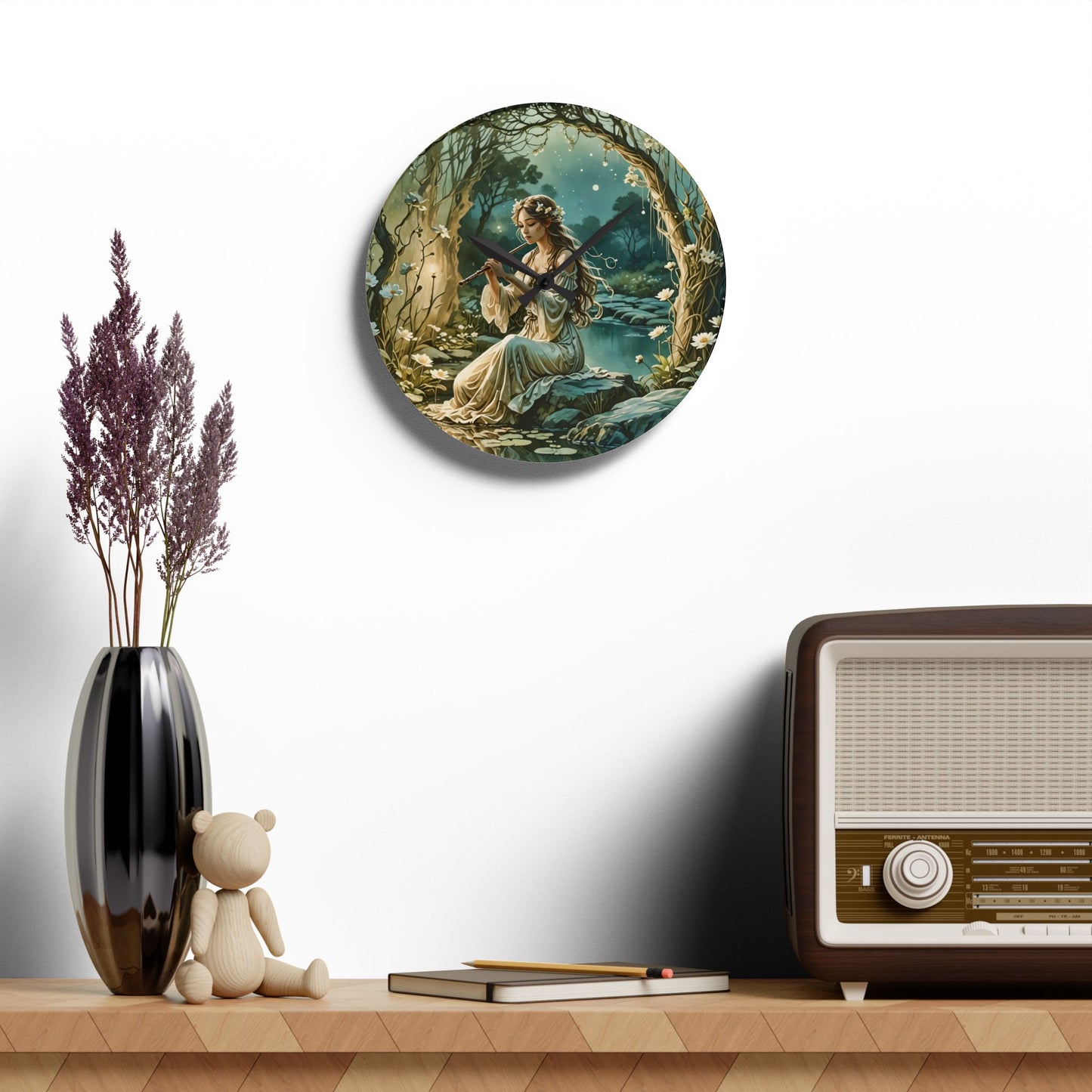 Acrylic Wall Clock - Enchanting Fairy Nymph Playing Flute by River