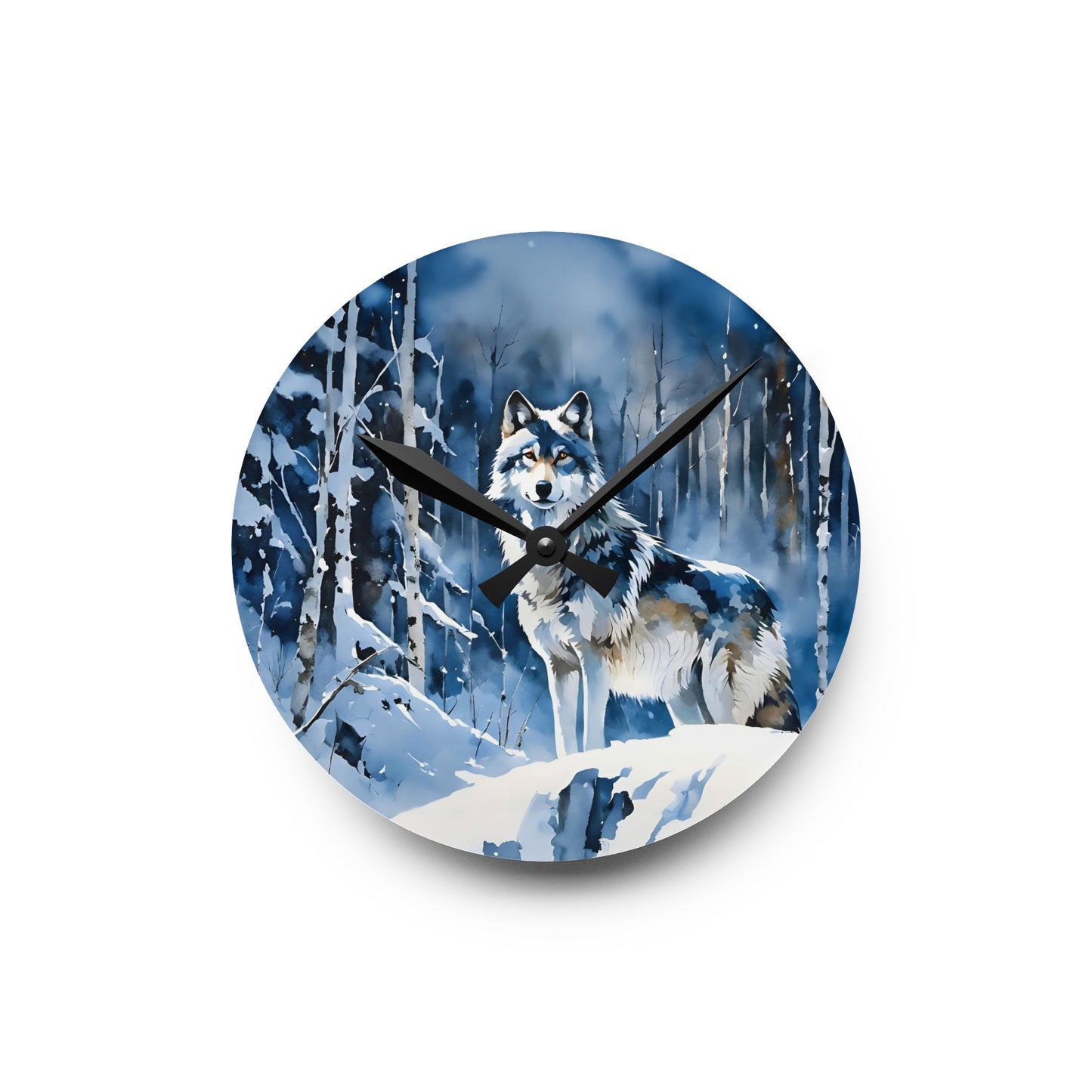 Acrylic Wall Clock - Winter Wolf at Night Blue/Black Art by Fairyhill Studio