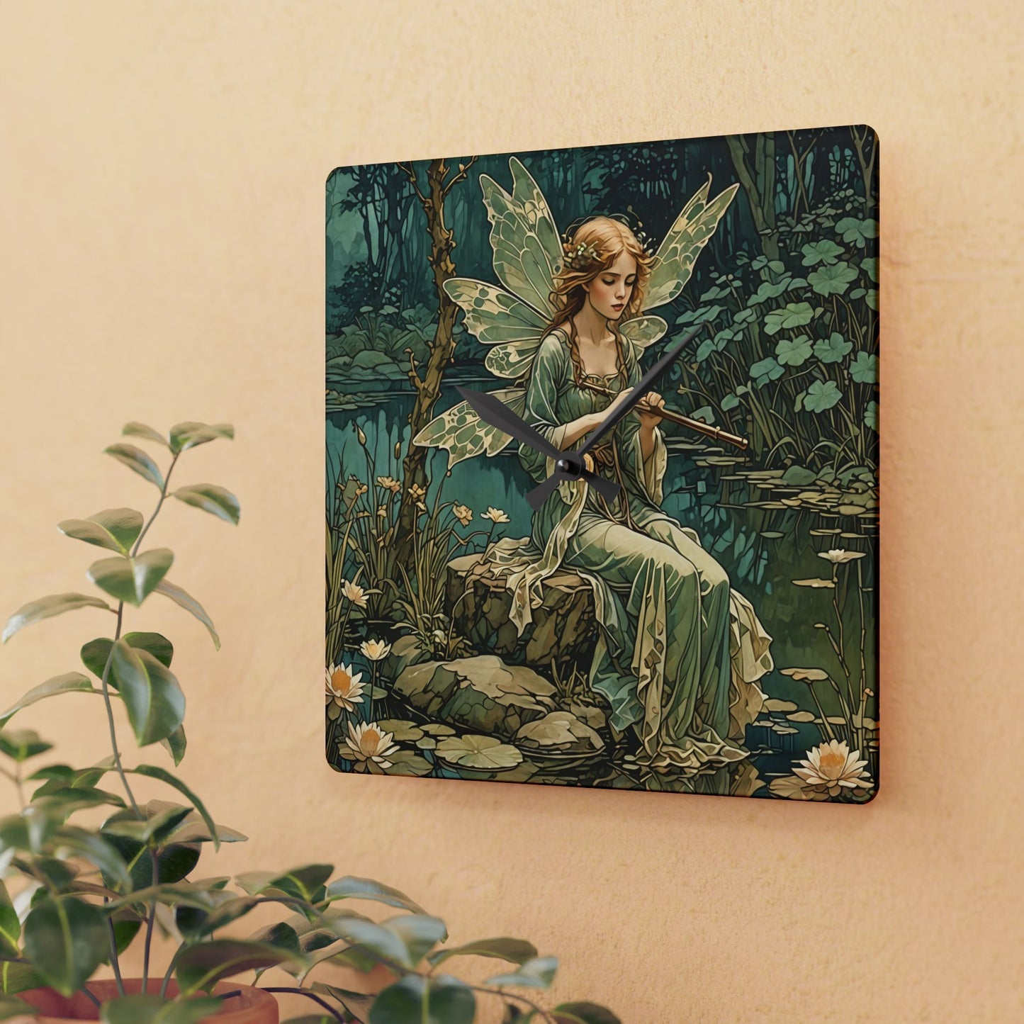 Acrylic Wall Clock - Mystical Fairy Nymph Playing Flute