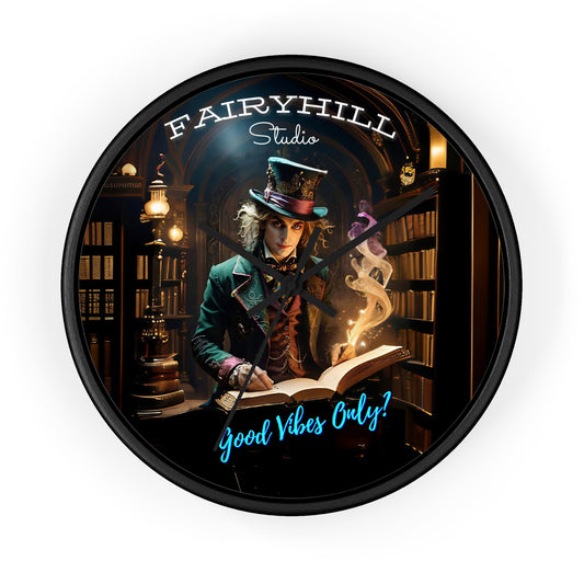 Wall Clock - Good Vibes Only Magician Mad Hatter Harry Potter Style Library Art