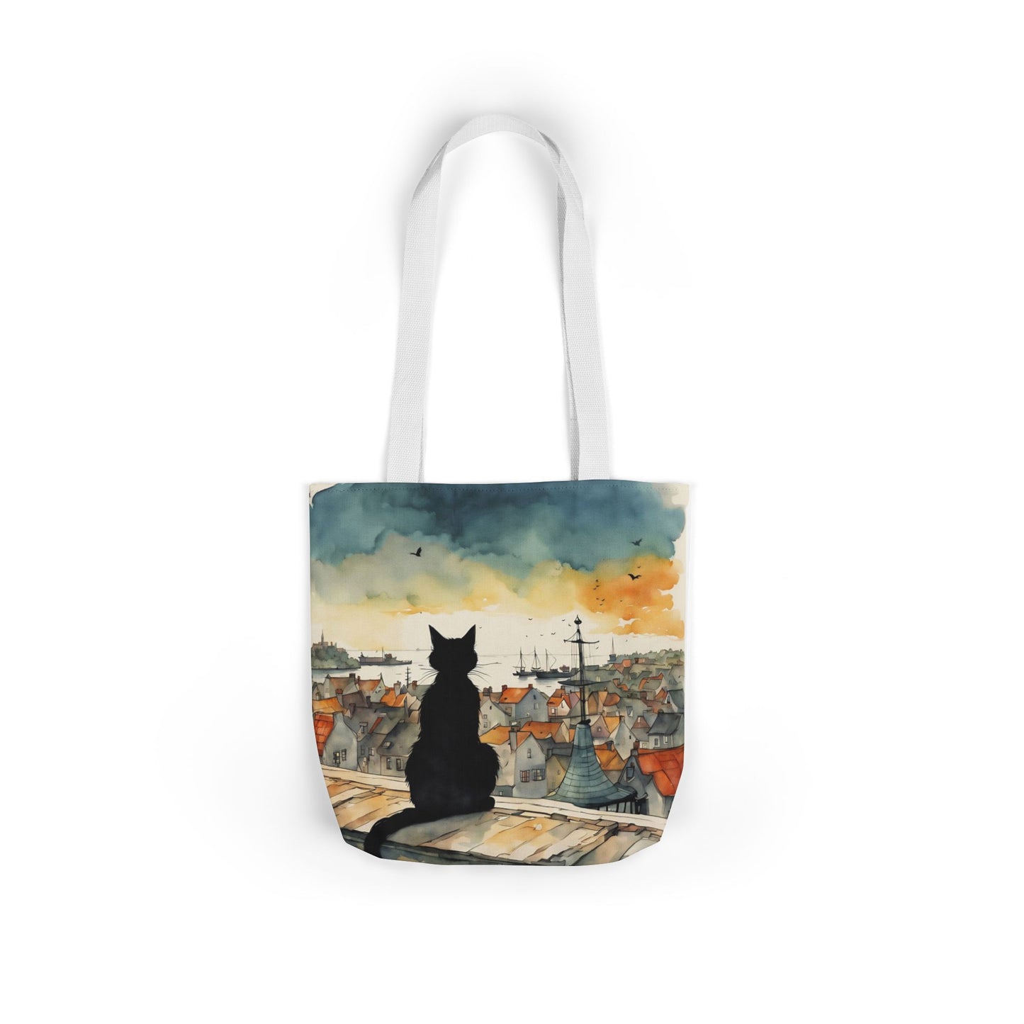 Black cat on a roof top FairyHill Studio Red phone- Canvas Tote Bag - Perfect for Beach Days, Eco-Friendly Shopping, and Summer Fun!
