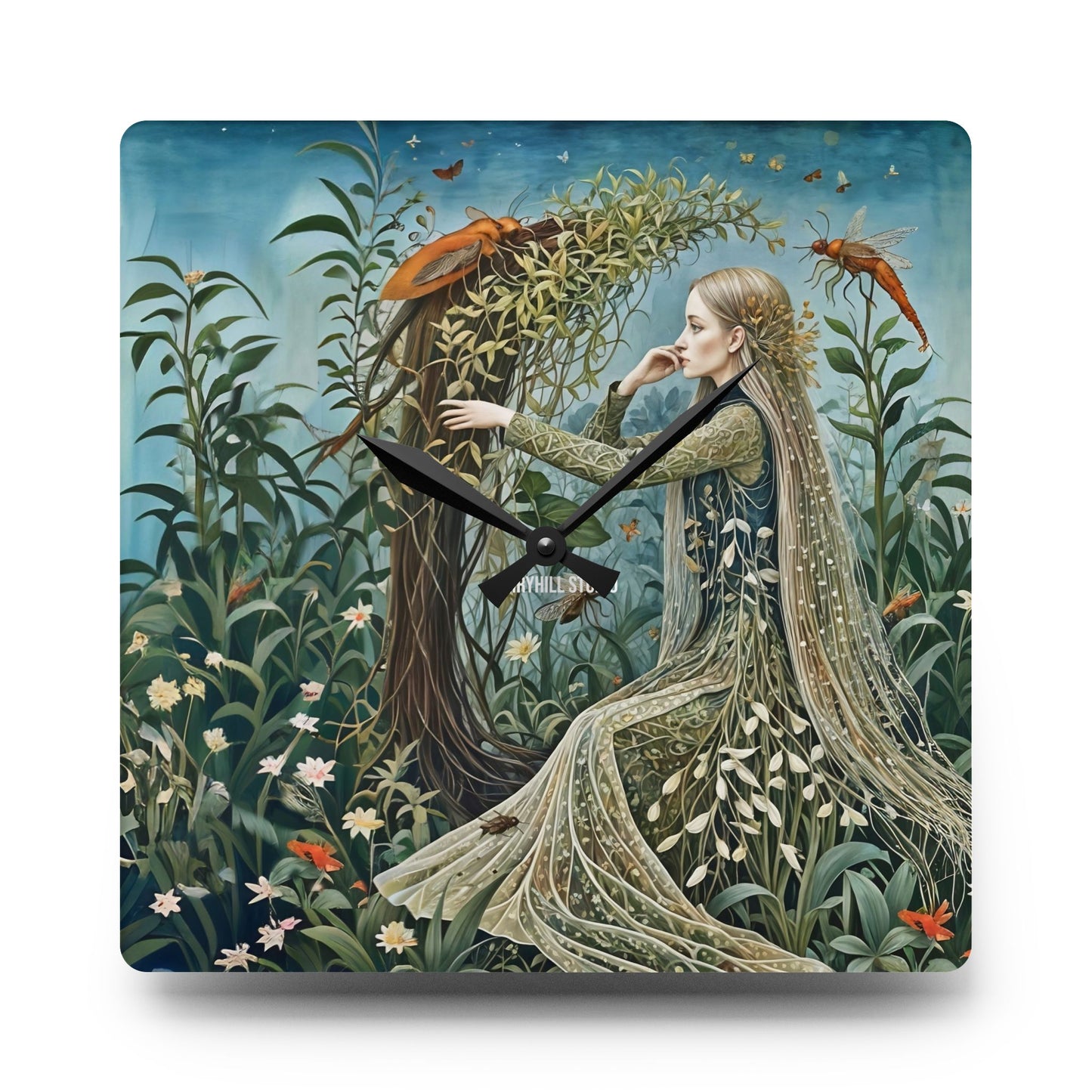 Acrylic Wall Clock - Botanical garden and creatures Art