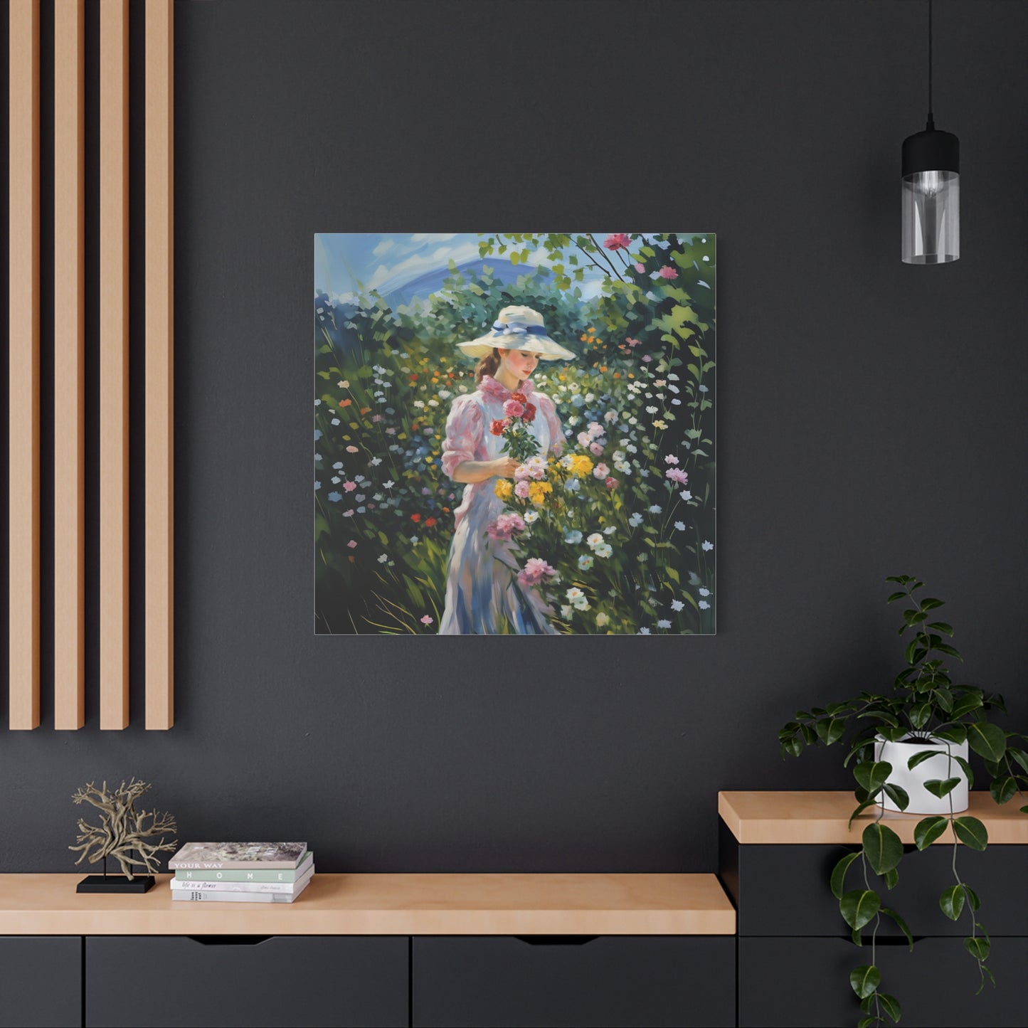Canvas Art - Monet Style Floral Serenity with Elegant Woman and Flower Basket, Stretched Matte 1 25"