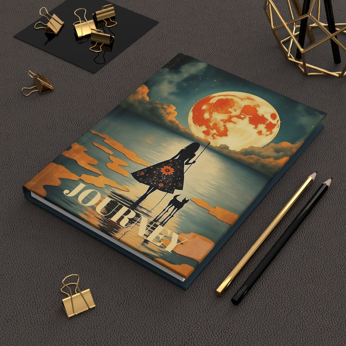 Girl with a fullmoon balloon Journal hard Cover ,Notebook gift art Matte