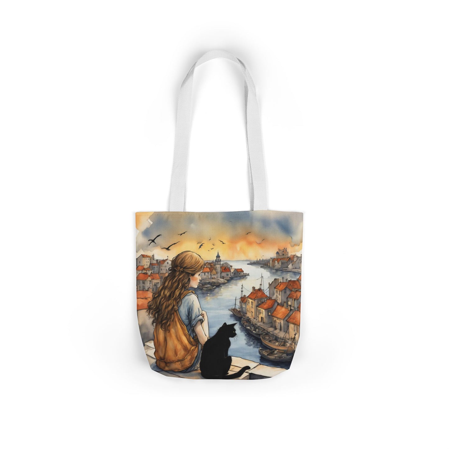 Girl with a Black cat on a roof top FairyHill Studio Red phone- Canvas Tote Bag - Perfect for Beach Days, Eco-Friendly Shopping, and Summer Fun!